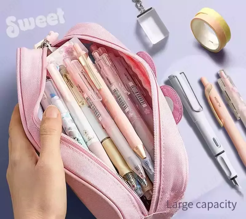 Maktab qalam qutisi (to'rtburchaklar) "Deli" Sweet, 2 bo'linma, 220 x 85 x 45 mm, to'qimachilik (Art. - 223-BC-pk) Pushti