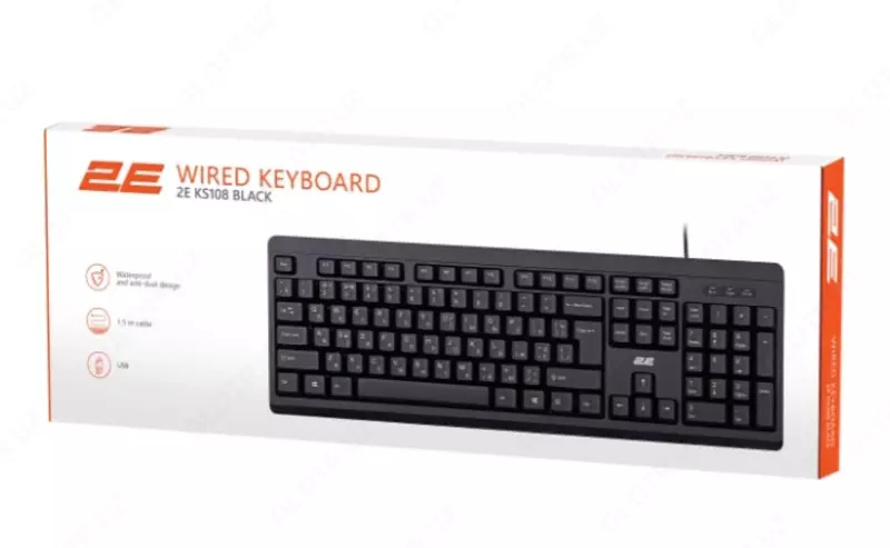 Мембранная клавиатура 2E KS108, 104 клавиши, USB-A, EN/UK/RU, чёрная
