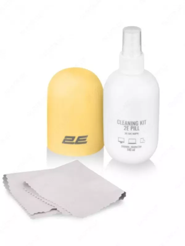 Чистящий набор / Cleaning kit 2E PILL for office equipment (liquid 140ml, whipe 20cm), white-yellow,2E-SK140YW