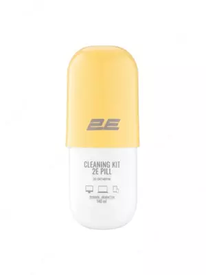 Чистящий набор / Cleaning kit 2E PILL for office equipment (liquid 140ml, whipe 20cm), white-yellow,2E-SK140YW