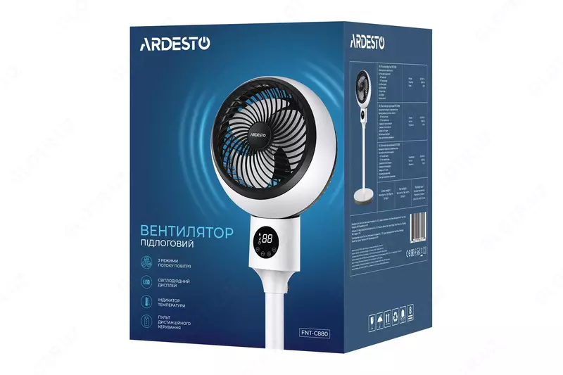 Вентилятор напольный Ardesto FNT-C880, высота 88 см, дисплей, таймер, пульт ДУ, белый/чёрный