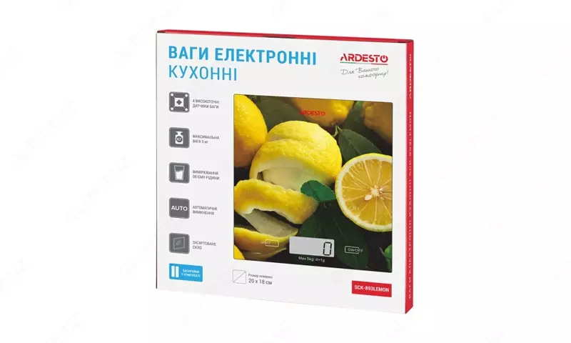Весы кухонные Ardesto scales for kitchen Lemon 5кг, AAAx2 included, glass, colorful, SCK-893LEMON
