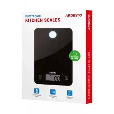 Ardesto Весы кухонные Ardesto SCK-839B, до 5 кг, стекло, чёрные, батарейки CR2032×2