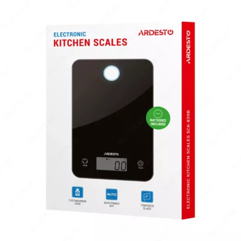Ardesto Весы кухонные Ardesto SCK-839B, до 5 кг, стекло, чёрные, батарейки CR2032×2