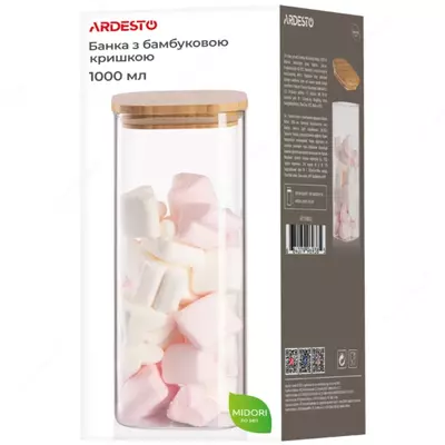 Банка для хранения Ardesto Fresh, квадратная, 1000 мл, стекло, бамбук