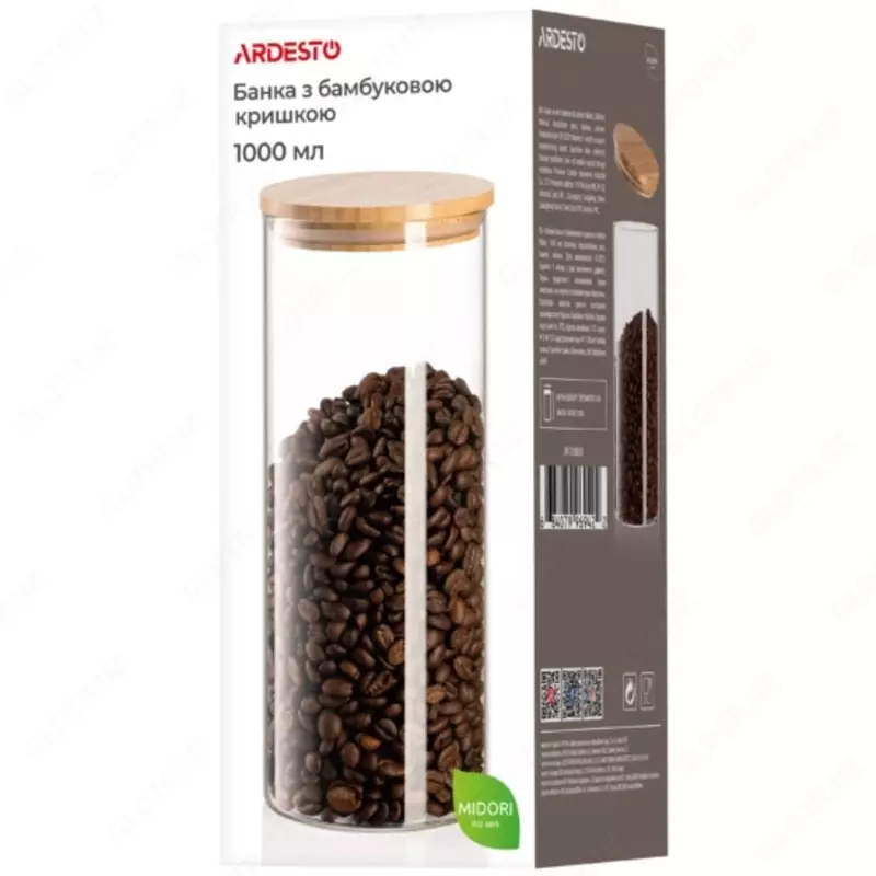 Банка для хранения Ardesto Fresh, круглая, 1000 мл, стекло, бамбук
