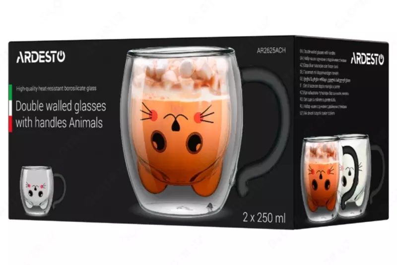 Набор чашек Ardesto Animals с двойными стенками, 250 мл, 2 шт, боросиликатное стекло