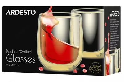 Набор чашек Ardesto Golden Moon с двойными стенками, 250 мл, H 9,5 см, 2 шт, боросиликатное стекло