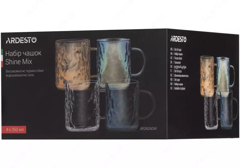 Набор чашек Ardesto Shine Mix, 260 мл, 4 шт., боросиликатное стекло, прозрачный, золотистый, серый