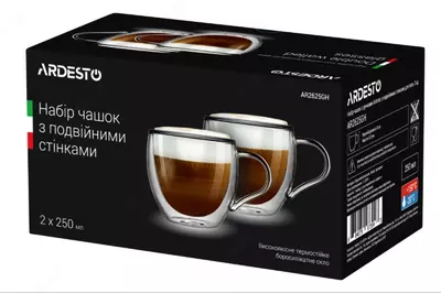 Набор чашек Ardesto с двойными стенками для латте, 250 мл, 2 шт, боросиликатное стекло