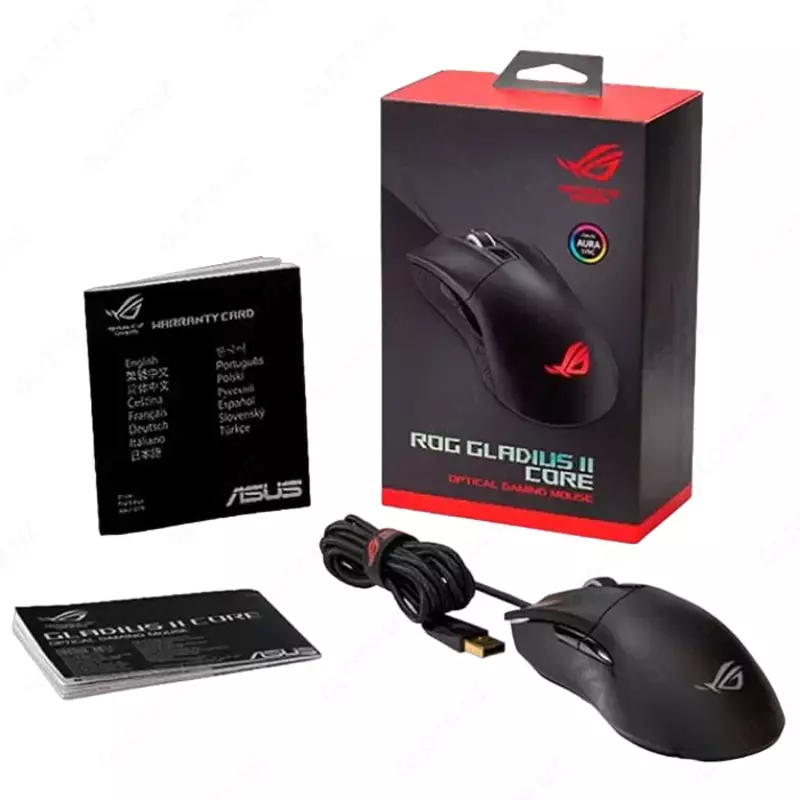 ASUS ROG STRIX Gladius II Core 90MP01D0-B0UA00 Simli o'yin sichqonchasi, USB, 6200dpi, RGB (Mahsulot raqami 080182) Qora