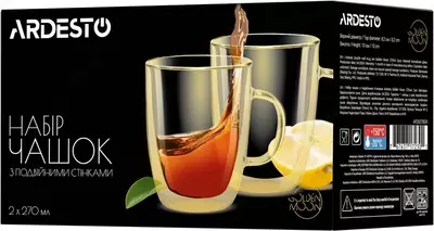 Набор чашек с ручками Ardesto Golden Moon с двойными стенками, 270 мл, H 10 см, 2 шт, боросиликатное