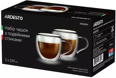 Набор чашек с ручками Ardesto с двойными стенками для латте, 250 мл, 2 шт, боросиликатное стекло (AR
