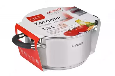 Кастрюля Ardesto Gemini Salerno, стеклянная крышка, 1.2 л,серые ручки с силиконом,нержавеющая сталь