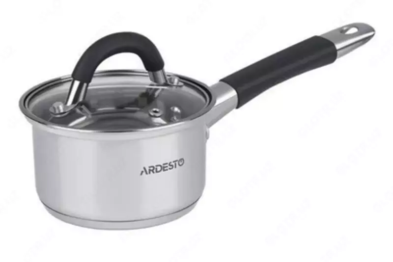 Ковш Ardesto Gemini, стеклянная крышка, 1,2 л, серые ручки с силиконом, нержавеющая сталь