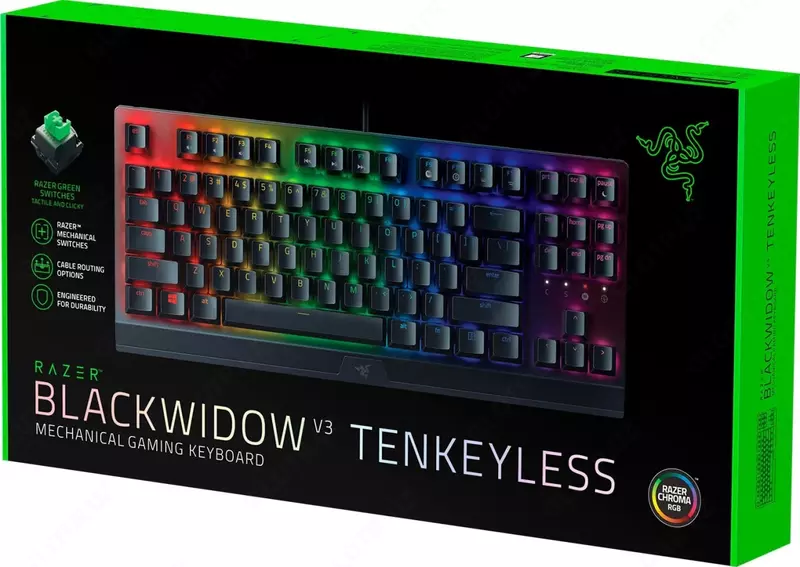 Игровая клавиатура (проводная) "Razer" BlackWidow Tenkeyless V3 Green, механическая, USB, RGB (Арт. - 07121) Black