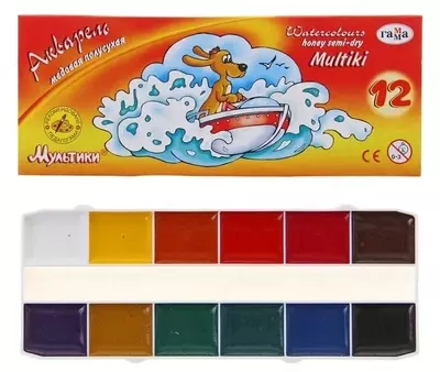 Акварель Гамма "Мультики", медовая, 12 цветов, без кисти, картон