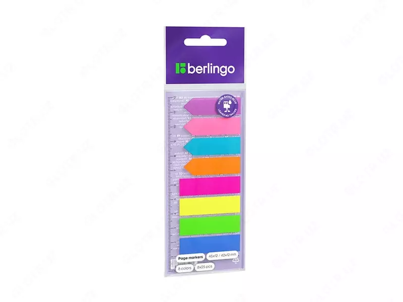 Флажки-закладки "Berlingo", 45*12/42*12мм, 25л*8 неоновых цветов, с линейкой, европодвес. (Арт. - LSz_45128)