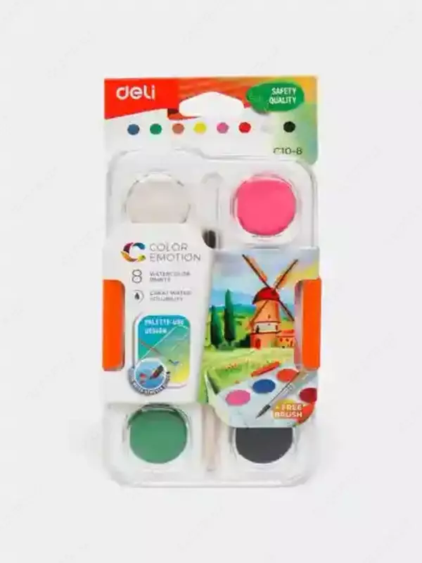 Краски акварельные 8цв с кистью С10-8 Deli