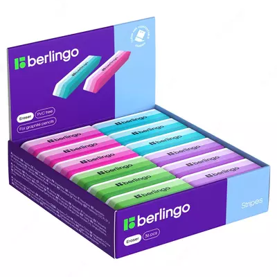 Ластик Berlingo "Stripes", прямоугольный, скошенный, термопласт. резина, цвета ассорти, 50*19*9мм