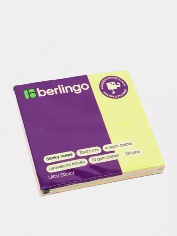 Самоклеящийся блок Berlingo "Ultra Sticky", 75*75мм, 100л., 4 неоновых цвета