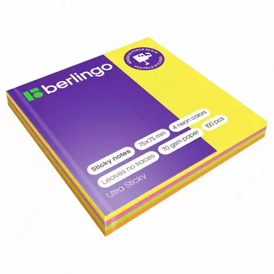 Самоклеящийся блок Berlingo "Ultra Sticky", 75*75мм, 100л., 4 неоновых цвета
