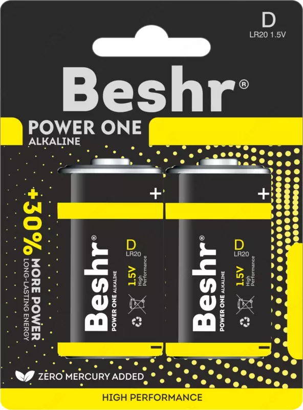  Batareykalar alkalin  olchami D  2 dona  Beshr Power One Alkaline  yuqori quvvat - 