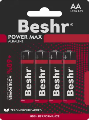   Батарейки пальчиковые Beshr Power Max Alkaline  размер AA  4 штуки  щелочные батарейки