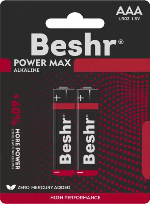   Батарейки мизинчиковые  размер ААА  2шт  Beshr Power Max Alkaline LR03  щелочные батарейки
