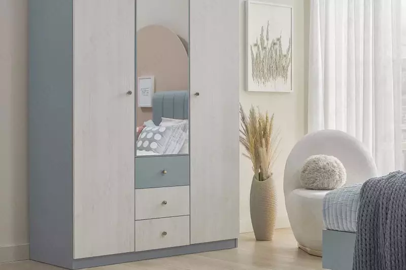 3-х дверный Шкаф (зеркальный) Almila "Laila" 135 х 53.4 х 207.2 см (Турция) Белый/Голубой
