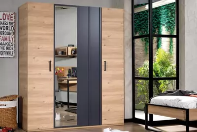 Шкаф 4-х дверный (глухой, зеркальный) Almila "New Options-Irony" 180 х 54.1 х 210 см (Турция) Дуб