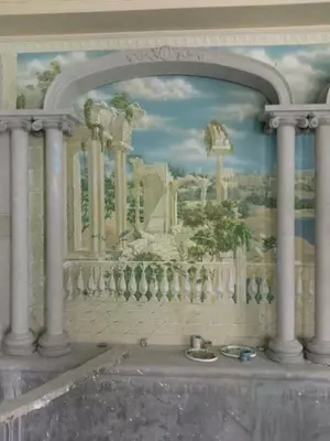 Barelyefi haykallar Manzarali sharshara hovuz favvorasi rasmlari barbekyu kamin dizayni rassomlari