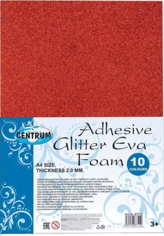 Набор декоративной самоклеящейся бумаги Centrum Eva Foam Glitter А4 10 цв. 2.00 мм