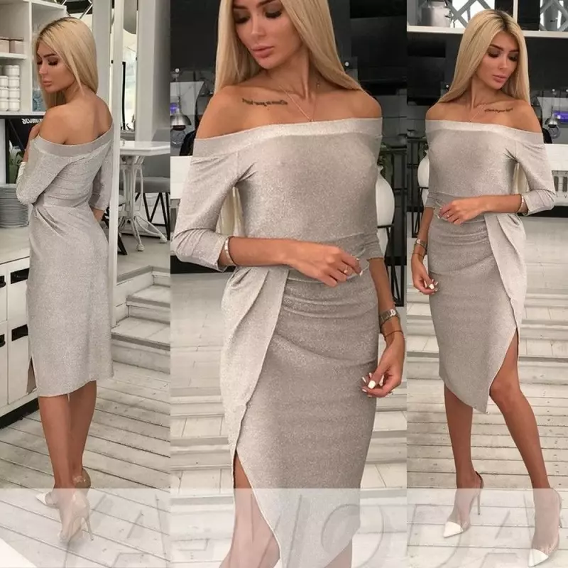 Вечернее платье с люрексом и открытыми плечами