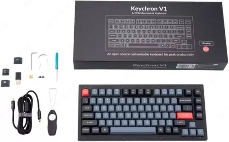  Клавиатура Keychron V1 ANSI 75% 84 Key Frosted Black Full Assembled Knob Blue Switch RGB HotSwap Gateron G pro Mechanical Wired Normal Profile QMK Custom Keyboard - 