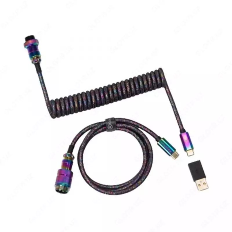 Кабель Cabel Type-A/Type-C Keychron Premium Coiled Aviator Cable-Straight Rainbow Palted black