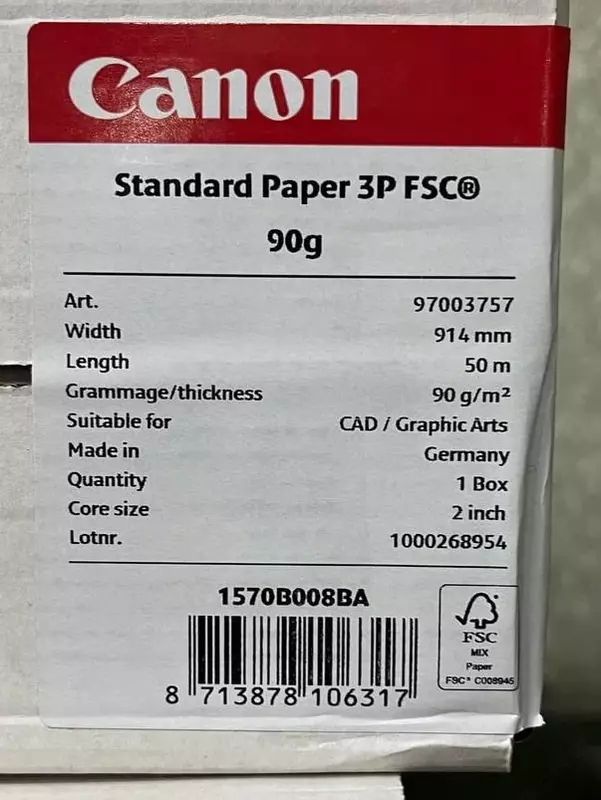 Canon STANDARD PAPER FSC 80 GSM 610 MM qog‘ozi (art. 4281V672) - keng formatli bosma uchun standart ofis qog‘ozi