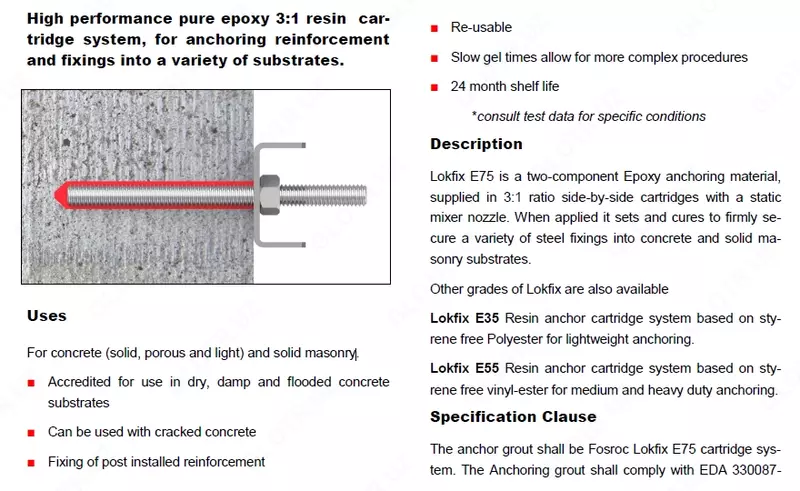 Анкер клей, Lokfix, эпоксидный анкер для бетона, анкераж, химический
