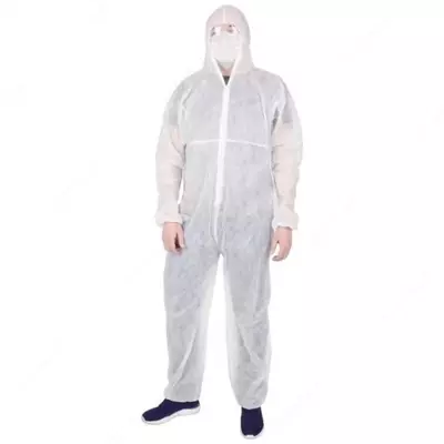 Bosh kiyimi (kapyutoni) bilan himoya kombinezoni, bir martalik, juda sifatli. Bir martalik va ko‘p martalik turlari mavjud.