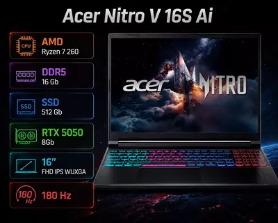 Acer Nitro V 16S AI  AMD Ryzen 7 260  16 GB DDR5  512 GB SSD  RTX 5050 8 GB  16 WUXGA IPS 180 Hz noutbuki
