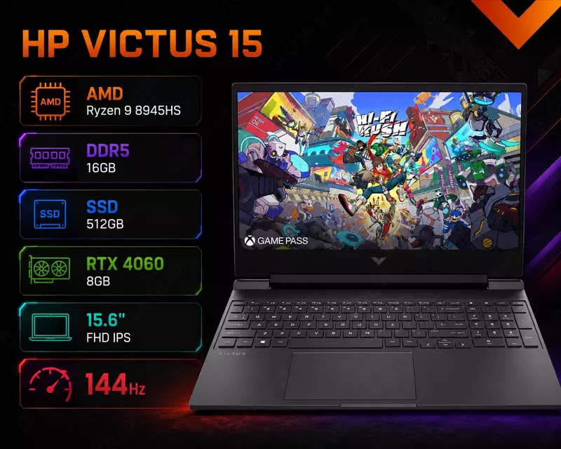 HP Victus 15 AMD Ryzen 9 8945HS DDR5 16GB SSD 512GB RTX 4060 8GB 15.6 FHD IPS 144Hz