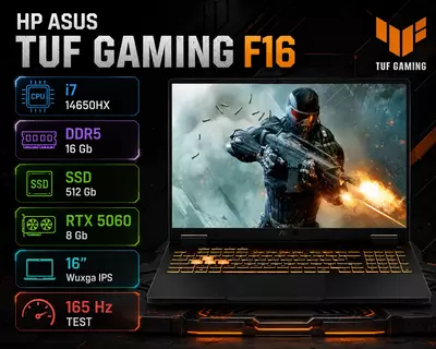 ASUS TUF Gaming F16  Intel Core i7-14650HX  16 GB DDR5  512 GB SSD  NVIDIA GeForce RTX 5060 8 GB  16 WUXGA IPS 165 Hz noutbuki