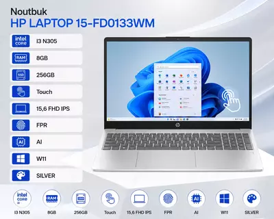 HP Laptop 15-fd0133wm  Intel Core i3-N305  8 GB RAM  256 GB SSD  15 6 Full HD IPS Touch  Fingerprint Reader  AI  Windows 11  Silver noutbuki
