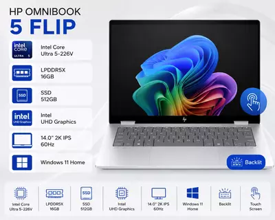 HP OmniBook 5 Flip  Intel Core Ultra 5 226V  16 GB LPDDR5X  512 GB SSD  Intel UHD Graphics  14 2K IPS Touch  Windows 11 Home  Silver noutbuki