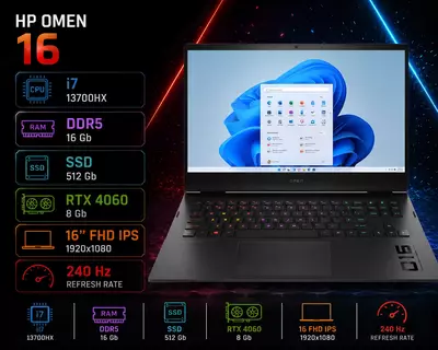 HP OMEN 16  Intel Core i7-13700HX  16 GB DDR5  512 GB SSD  NVIDIA GeForce RTX 4060 8 GB  16 Full HD IPS 240 Hz noutbuki