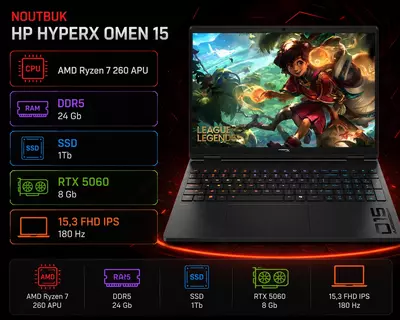HP HyperX Omen 15 AMD Ryzen 7 260 APU DDR5 24 Gb SSD 1Tb RTX 5060 8 Gb 15 3 FHD IPS 180 Hz