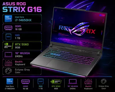 ASUS ROG Strix G16  Intel Core i7-14650HX  16 GB DDR5  1 TB SSD  NVIDIA GeForce RTX 5060 8 GB  16 WUXGA 240 Hz  Backlit  Eclipse Gray noutbuki