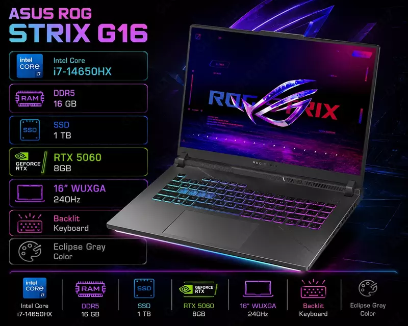 ASUS ROG Strix G16  Intel Core i7-14650HX  16 GB DDR5  1 TB SSD  NVIDIA GeForce RTX 5060 8 GB  16 WUXGA 240 Hz  Backlit  Eclipse Gray noutbuki
