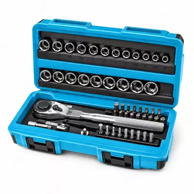 STELS набор торцевых головок 41 предмет, 1/4″ и 1/2″, трещотка 120 зубьев