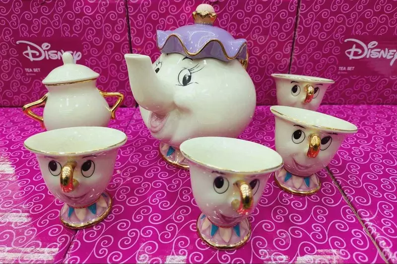 Yangi Mult qahramonlar Sohibjamol va mabluq choynak Mrs Potts va chip chashka to'plami shakar kosasi [1 idish + 4 stakan]